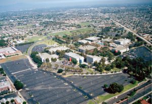 Aerial view of Cypress College and surrounding city.