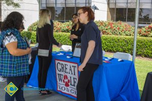 Career Fair 2019 tables with company representatives