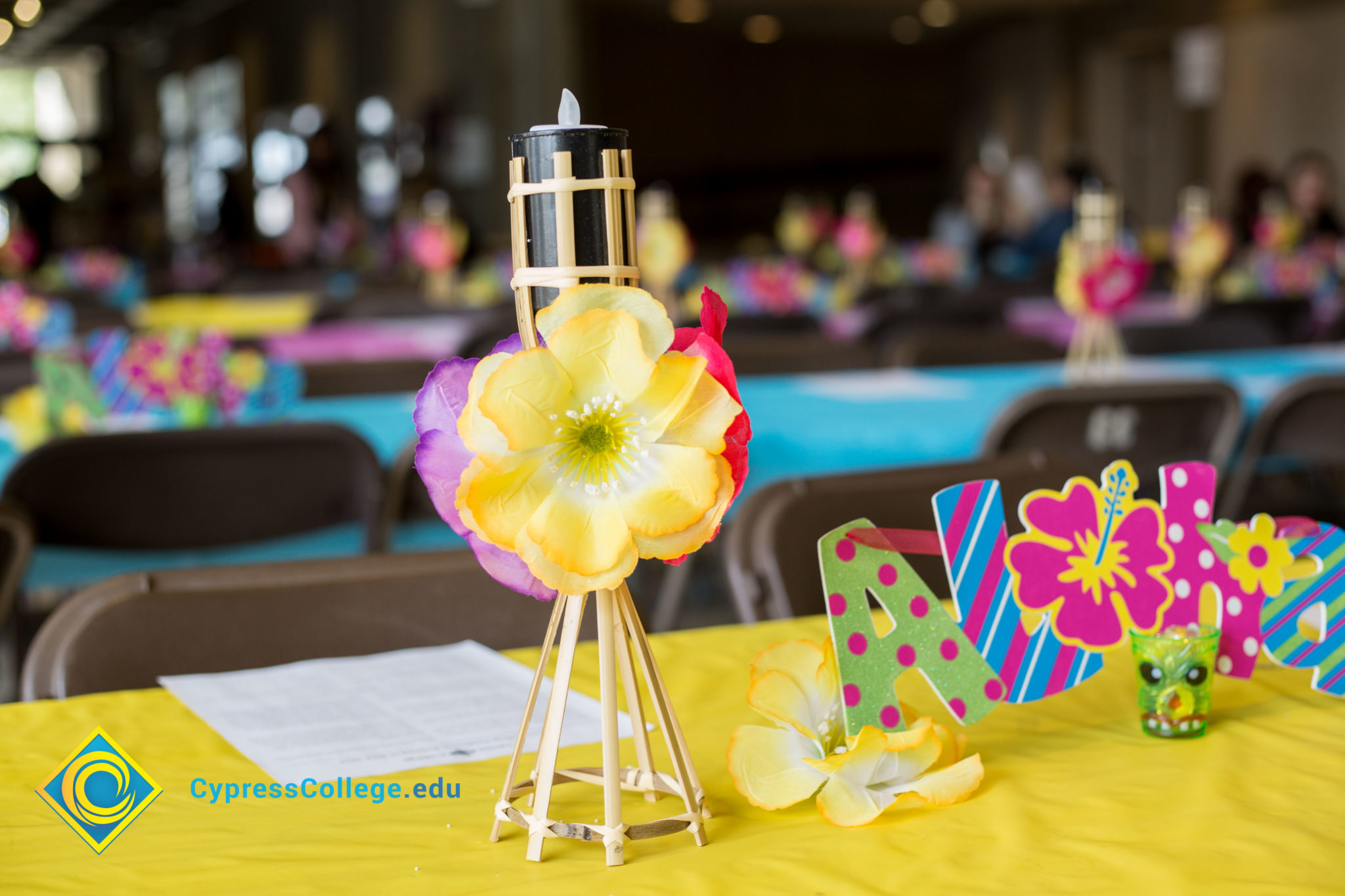 Decorated tables at End of Year Luau