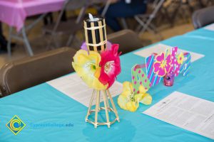 Decorated table at End of Year Luau