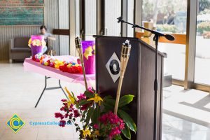 Decorated podium at End of Year Luau