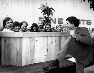 This 1980s photo shows the Fine Arts Division employees in a hot tub, that was placed onto a flat-bed truck as part of the then-annual Walk/Jogathon.