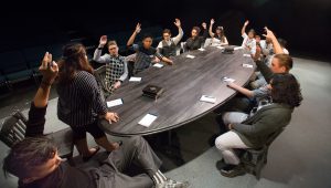 Student rehearsals for the Cypress College production of "12 Angry Jurors."