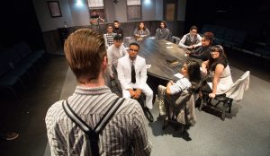 Student rehearsals for the Cypress College production of "12 Angry Jurors."