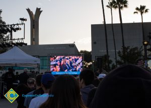 Crowd watching big screen at 2016 Yom HaShoah event.