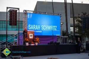 Holocaust survivor Sarah Schweitz speaking at the 2016 Yom HaShoah event.