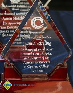 Close-up of Associated Students award for JoAnna Schilling