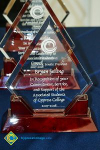 Close-up of Associated Students award for then-Academic Senate President Bryan Seiling