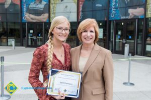 President, JoAnna Schilling with Foundation Scholarship Award recipient Beth Thompson.