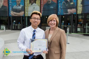 President, JoAnna Schilling with Foundation Scholarship Award recipient David Su.