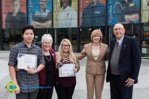 President, JoAnna Schilling, Kay and Mal Bruce with two Foundation Scholarship Award recipients.