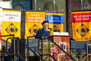 President, JoAnna Schilling addressing graduates during commencement.