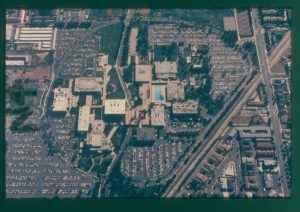 Aerial view of Cypress College in the late 1970s or 19980s.