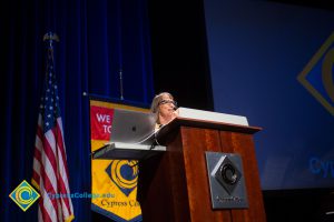 Marcia Jeffredo speaking at Fall Opening Day