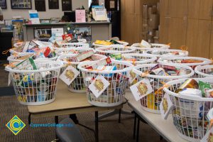 Baskets of food drive items.