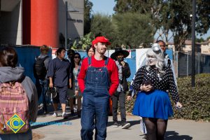 Students in Halloween costumes as Mario and others