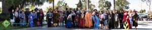 Panoramic images of dozens of students dressed in Halloween costumes