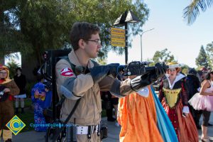 Man dressed up in Ghostbusters costume