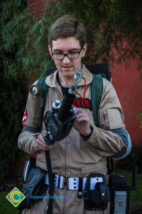 Young man wearing Ghost Busters costume.