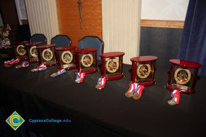 Table with rows of awards and medals.