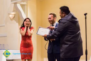 Maha Afra and students at Associated Students banquet