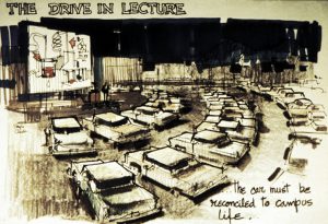 Drawing of a "Drive in Lecture" showing cars parking and a large screen showing a lecture.