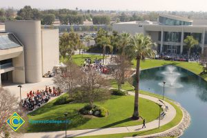 Aerial view of the Library and pond.