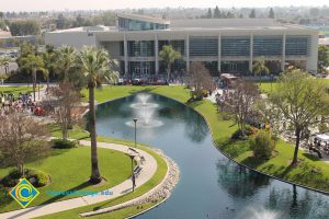 Aerial view of the Library and pond.