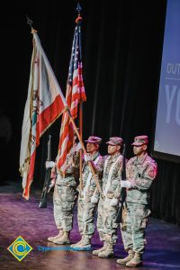 Military Color Guard on stage at the 2018 Yom HaShoah event.
