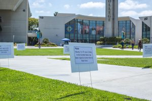 Signs on the campus lawn for Sexual Assault Awareness month.