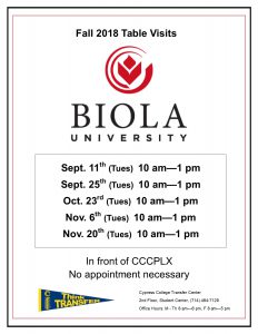 Fall 2018 Table Visits Biola University flyer