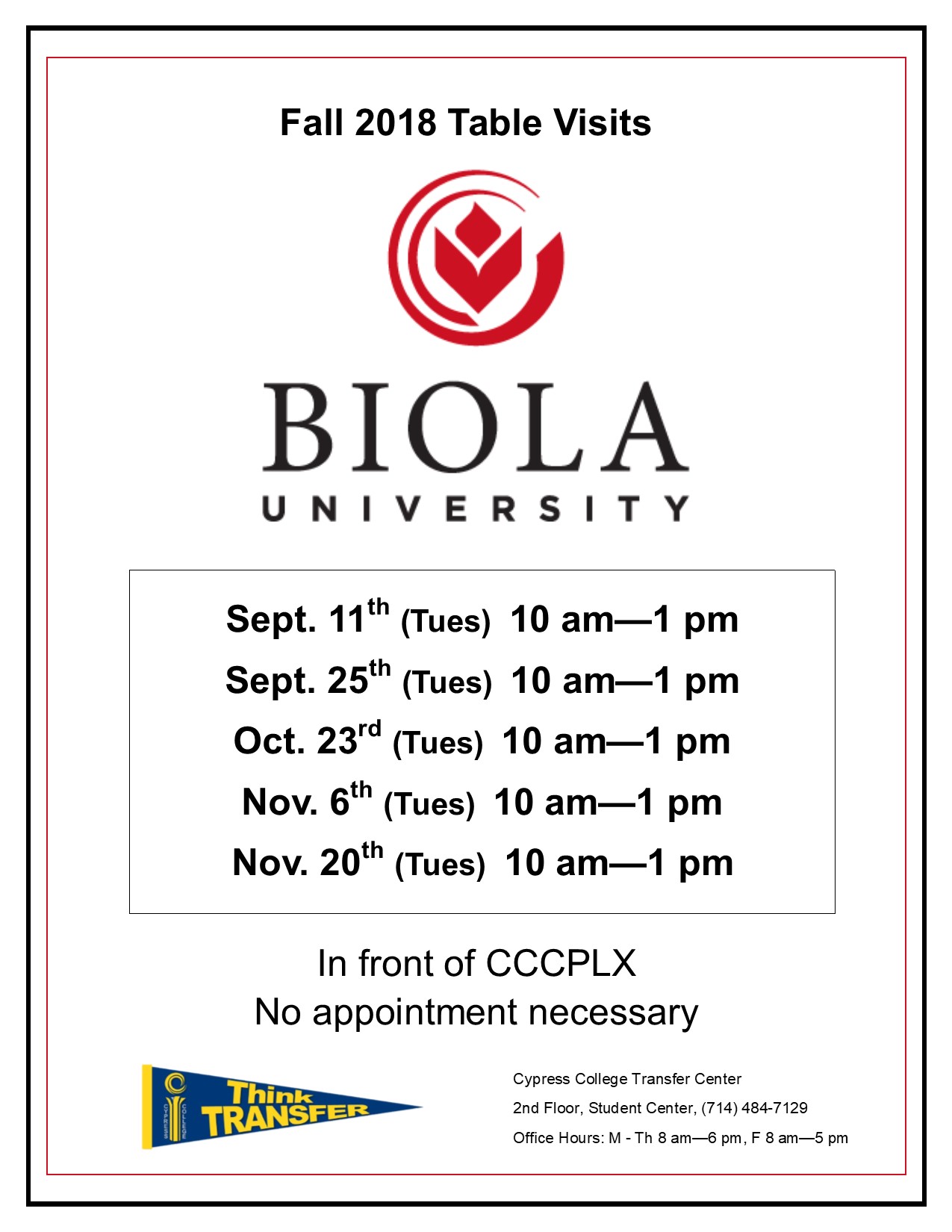 Fall 2018 Table Visits Biola University flyer