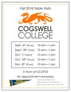 Fall 2018 Table Visits Cogswell College flyer.