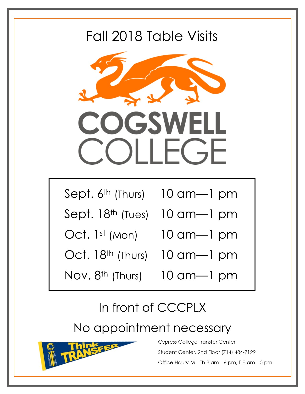 Fall 2018 Table Visits Cogswell College flyer.