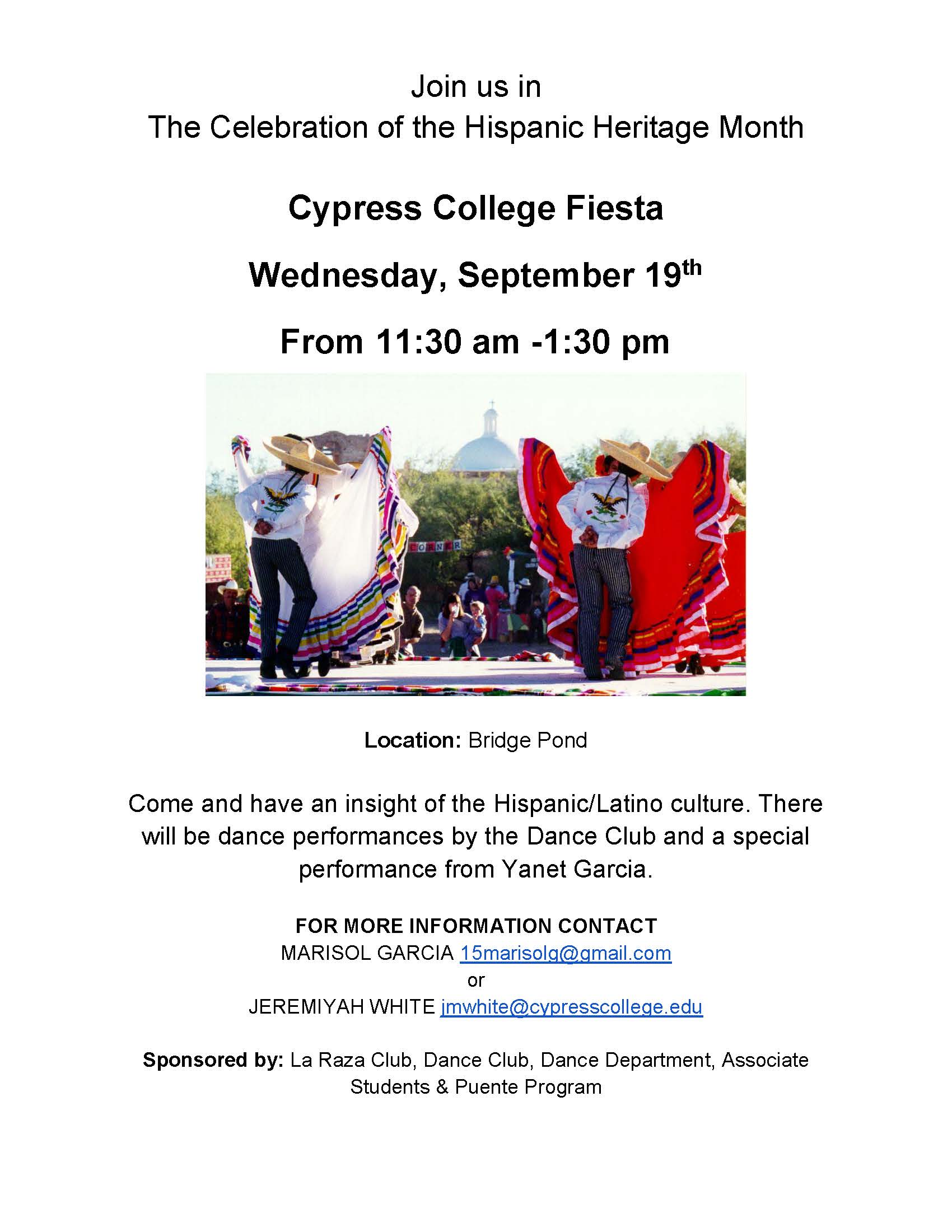 Heritage Month Fiesta flyer showing an image of Mexican folklorico dancers.