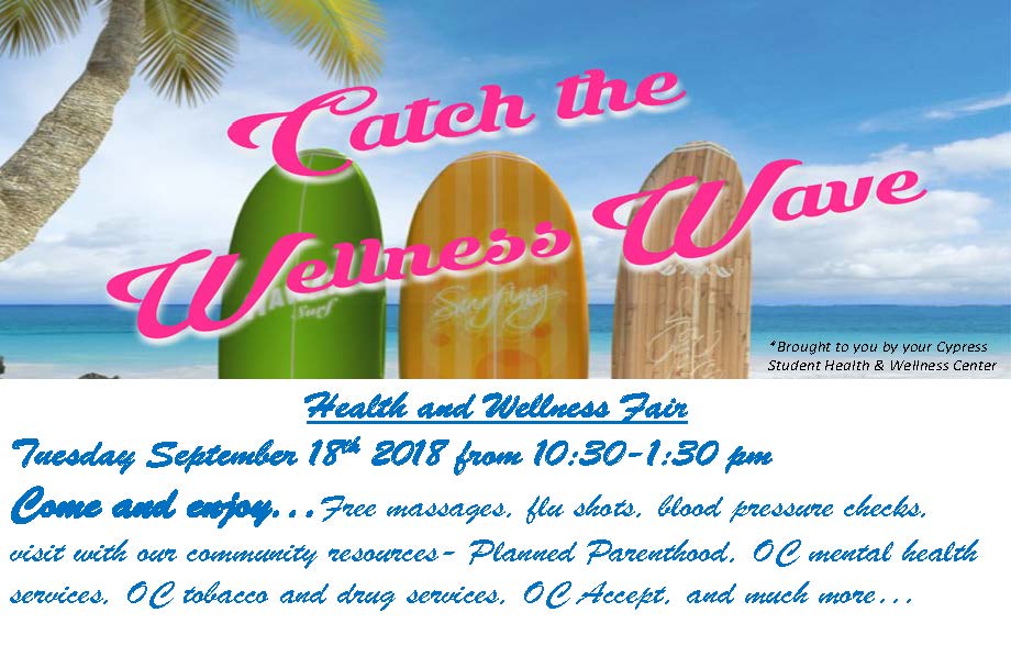 Catch the Wellness Wave flyer with image of palm tree, ocean and three standing surfboards.