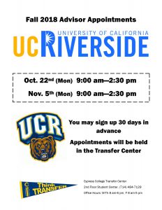 Fall 2018 Advisor Appointments University of California UC Riverside flyer.
