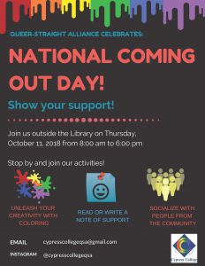 National Coming Out Day flyer. Black background with drips of rainbow paint at the top.