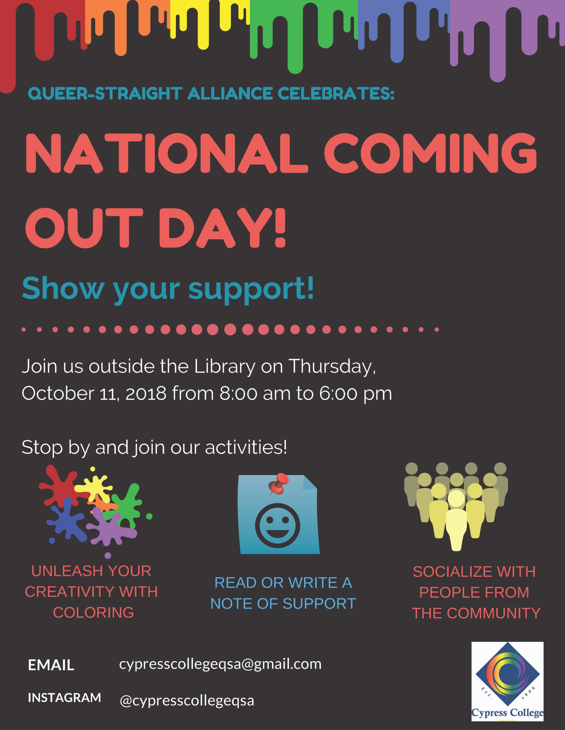 National Coming Out Day flyer. Black background with drips of rainbow paint at the top.