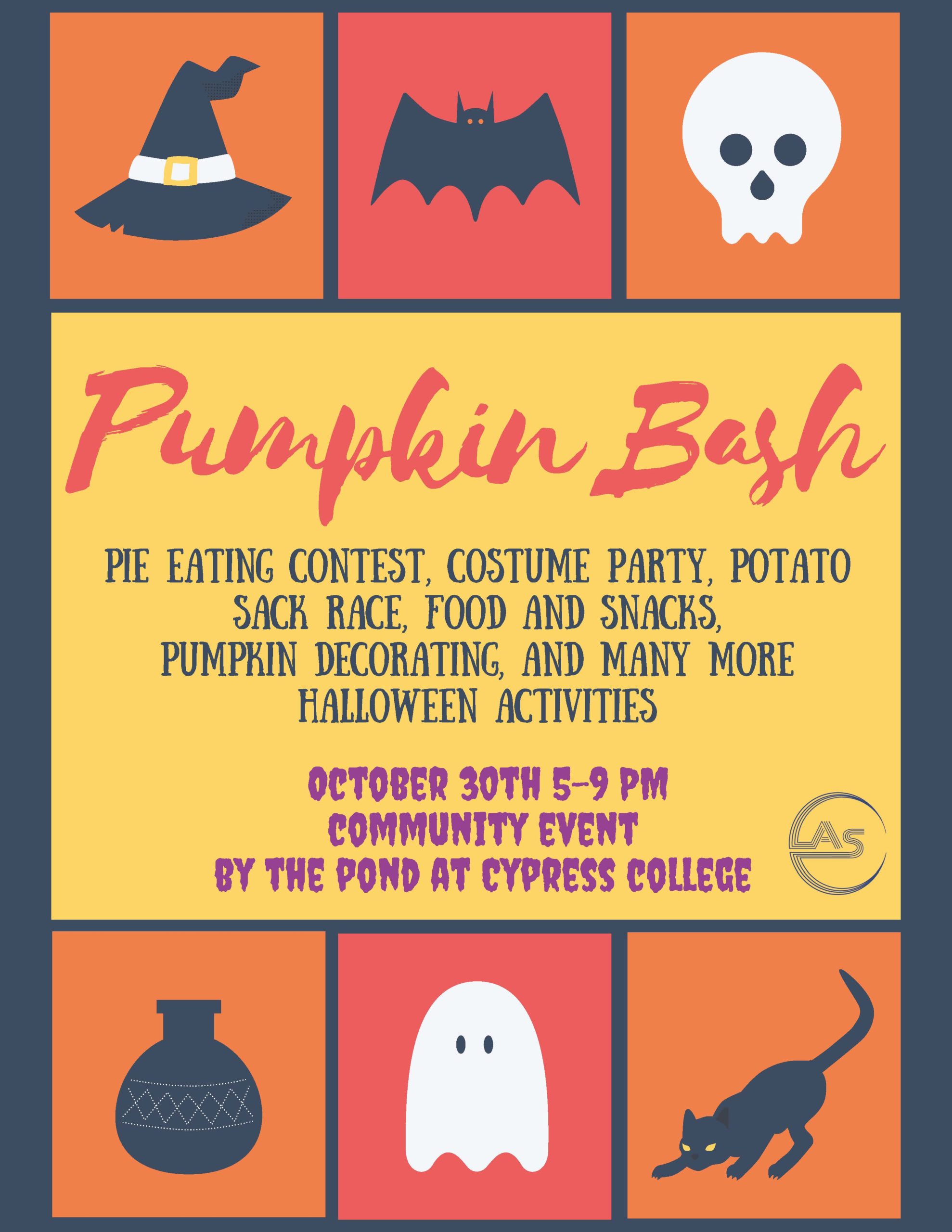 Pumpkin Bash flyer with witch hat, bat, skeleton, black cat, ghost and cauldron clipart.
