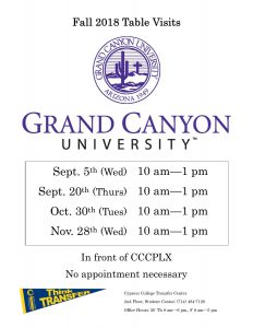 Fall 2018 Table Visits Grand Canyon University flyer