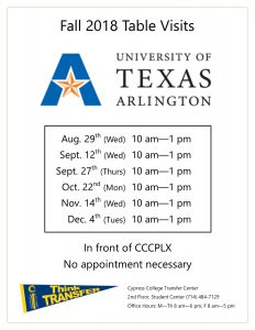 Fall 2018 Table Visit University of Texas Arlington flyer
