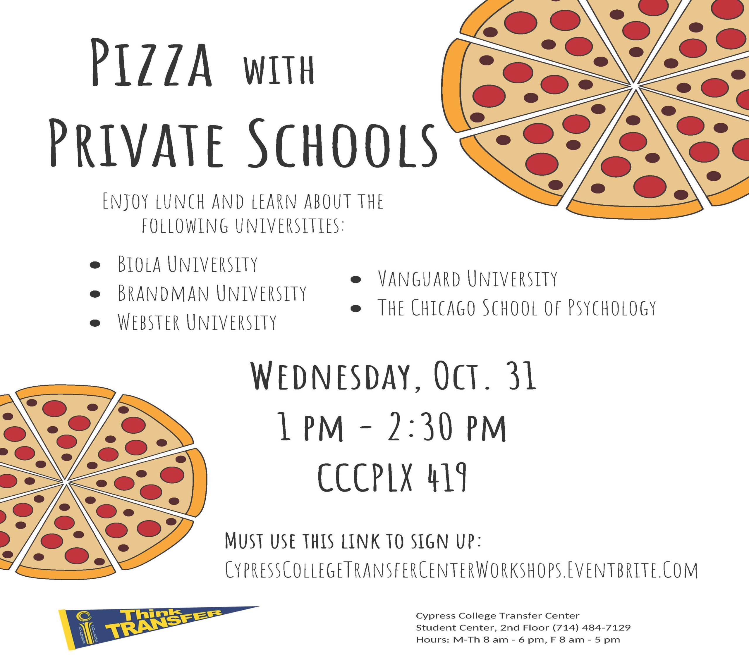 Pizza with Private Schools flyer with images of pepperoni pizza and school pennant.