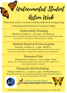 Undocumented Student Action Week flyer with butterfly images on the corners.