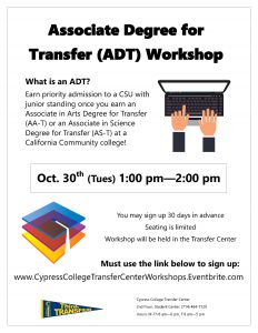 Associate Degree for Transfer (ADT) Workshop flyer.