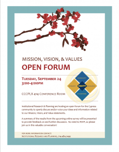 Mission, Vision, & Values Open Forum flyer
