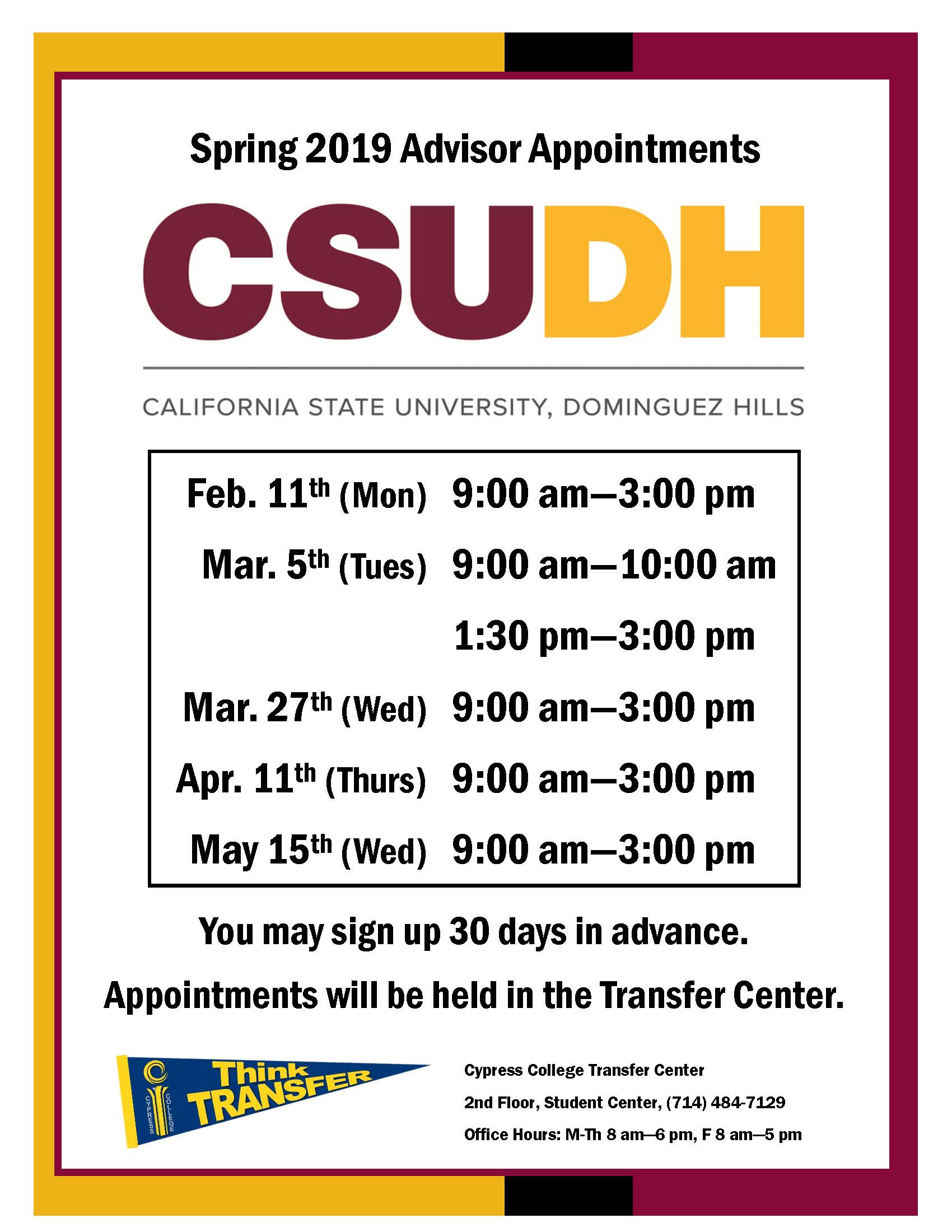 Spring 2019 Advisor Appointments California State University Dominguez Hills flyer