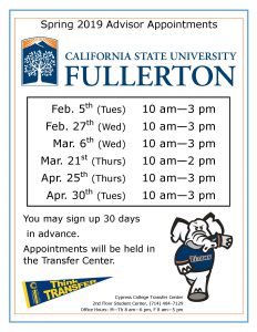 Spring 2019 Advisor Appointments California State University Fullerton flyer