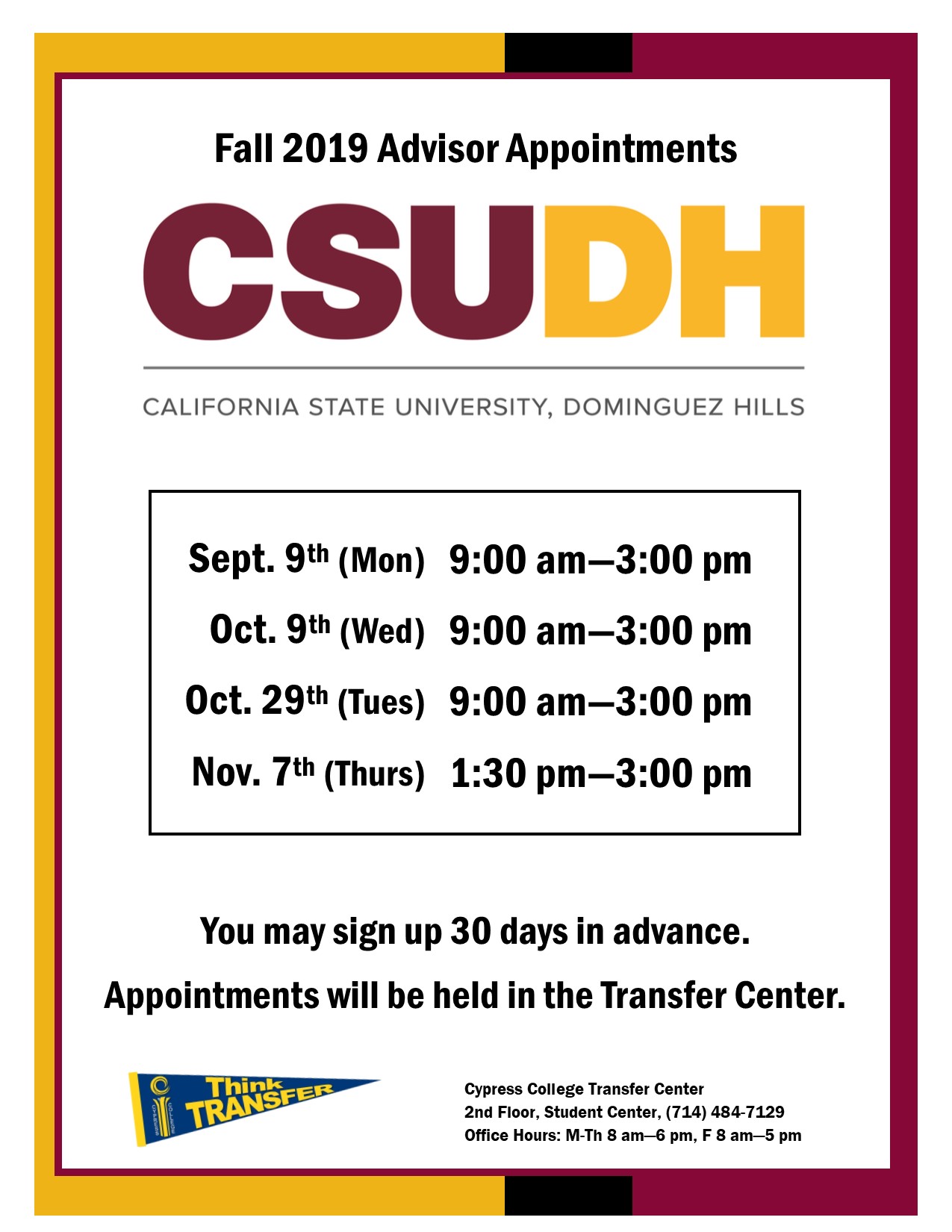 2019 CSUDH advisor appointments dates and times
