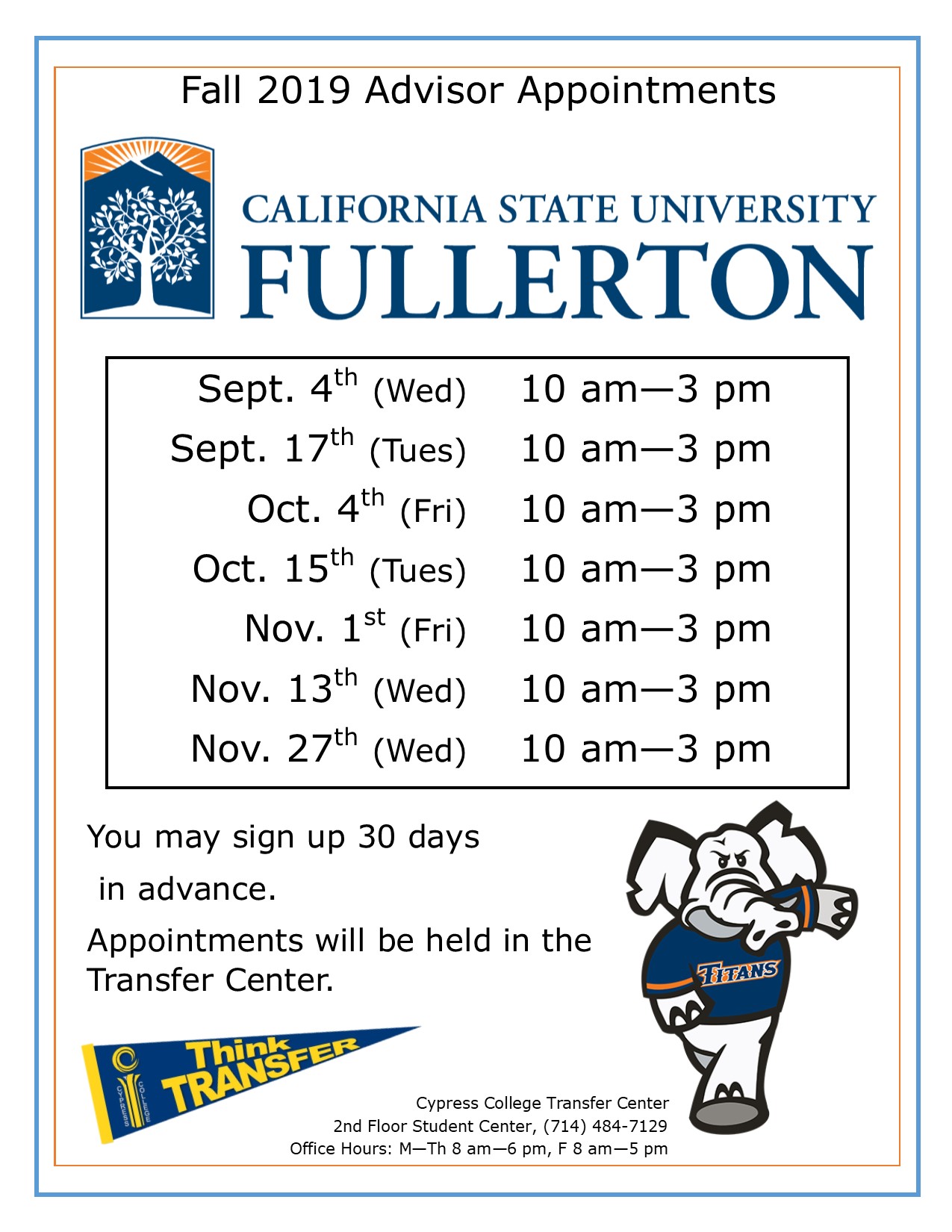 2019 CSU Fullerton advisor appointments dates and times